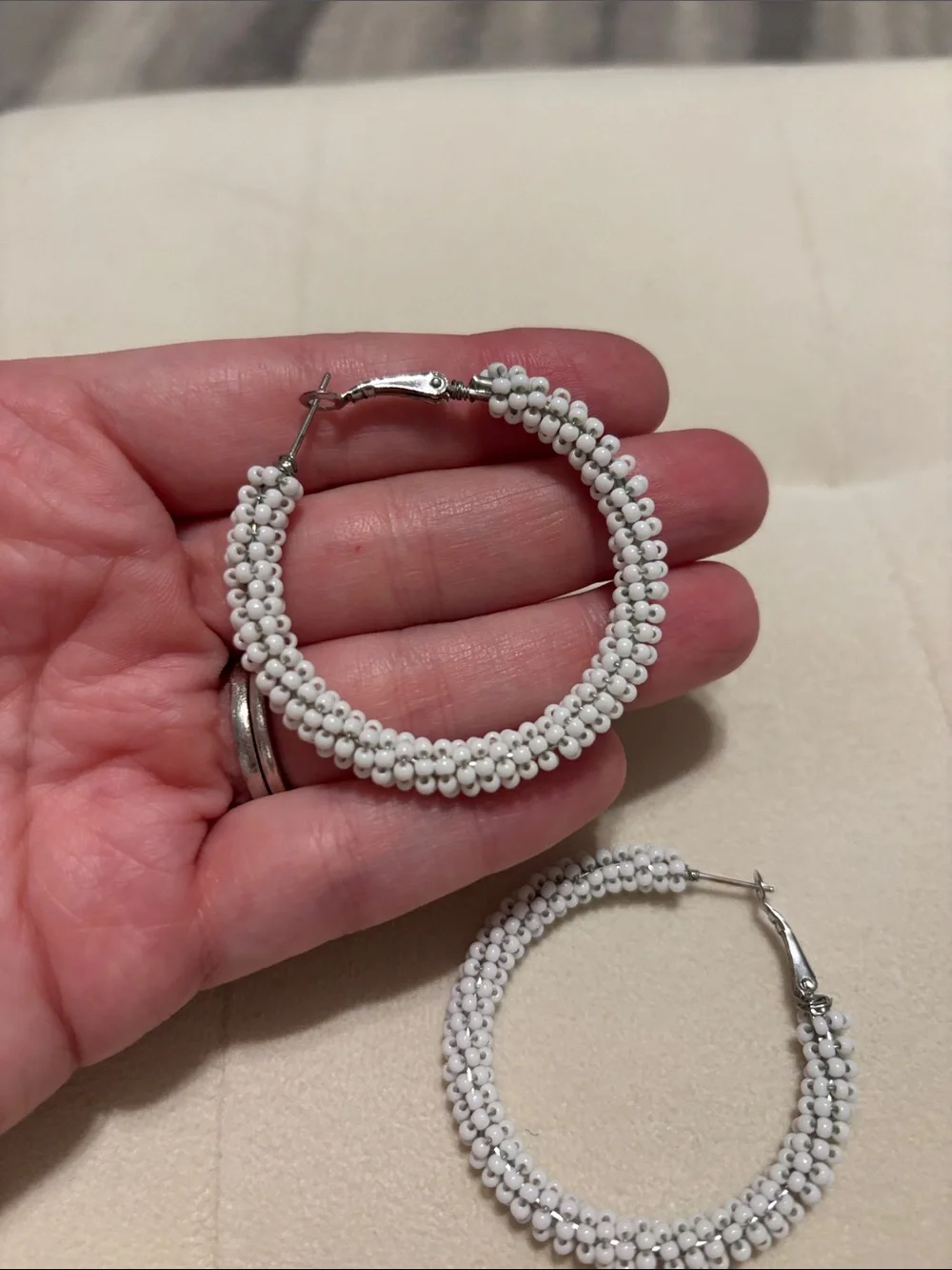 White Beaded Hoop Earrings - Women Jewelry